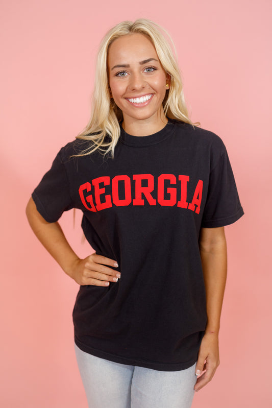 "Georgia" Puff Print Graphic Tee, BLACK