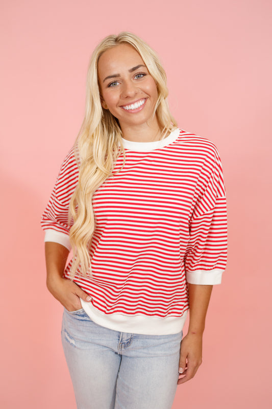 Crew Neck Stripe Top, RED