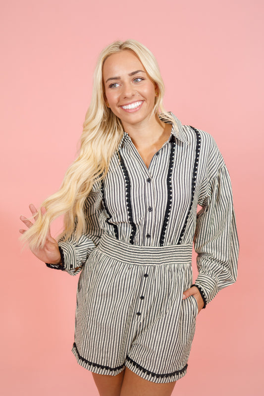 Black Stripe Scallop Button Down Romper