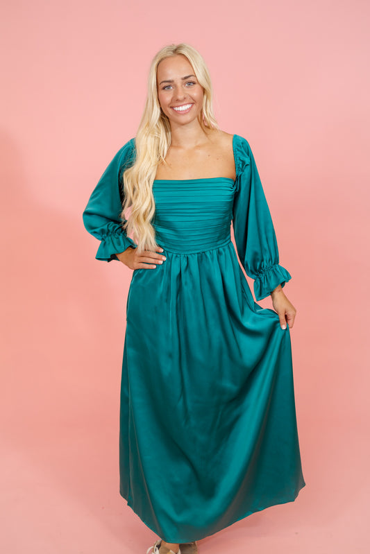 Green Pleated Satin Maxi