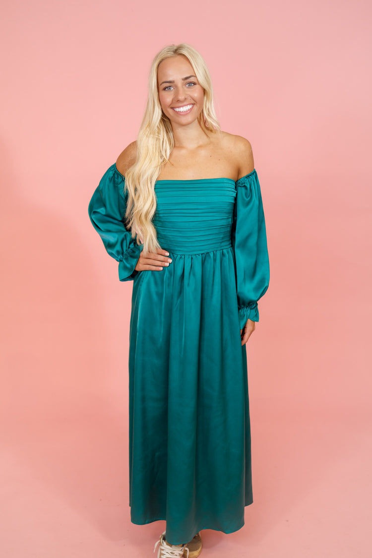 Green Pleated Satin Maxi