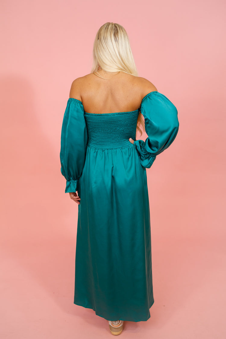 Green Pleated Satin Maxi