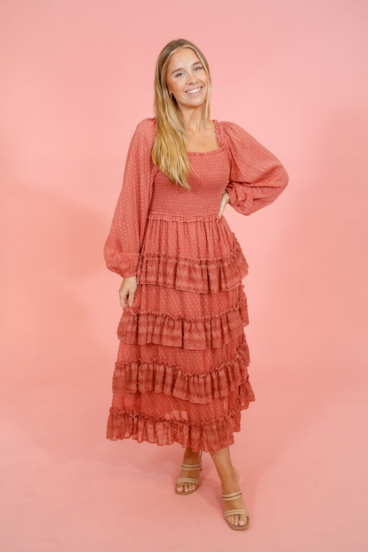 Dusty Pink Tiered Lace Ruffle Midi Dress