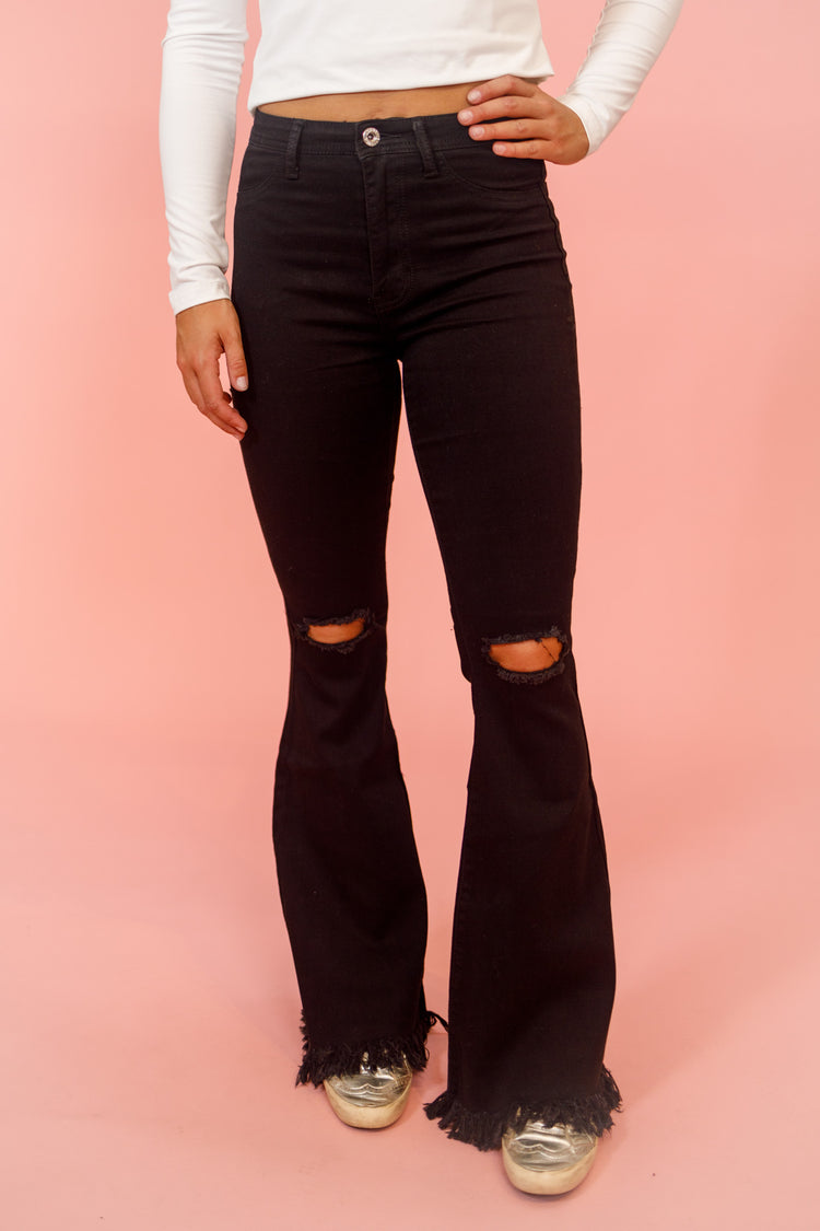 Black Distressed Knee Frayed Hem Flares