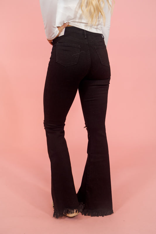 Black Distressed Knee Frayed Hem Flares