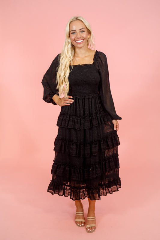 Black Tiered Lace Ruffle Midi Dress