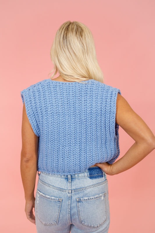 Crochet Button Sweater Vest, BLUE