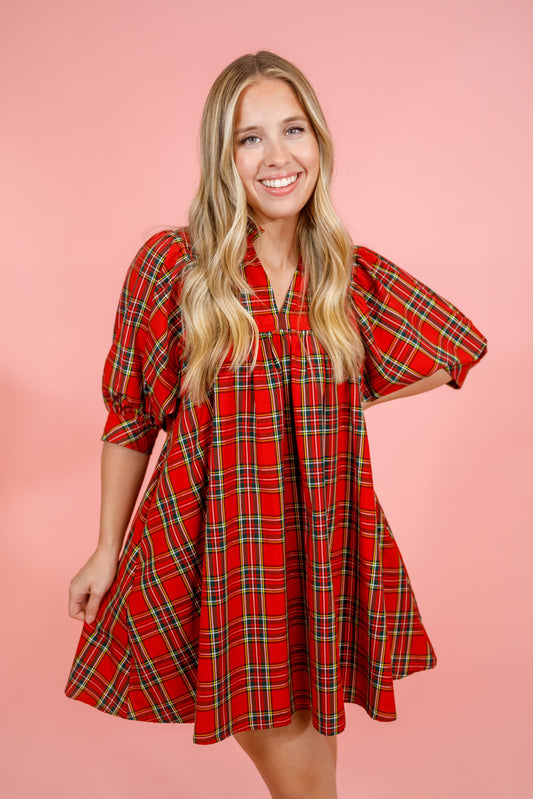 Red Plaid Puff Sleeve Dress, S-2XL