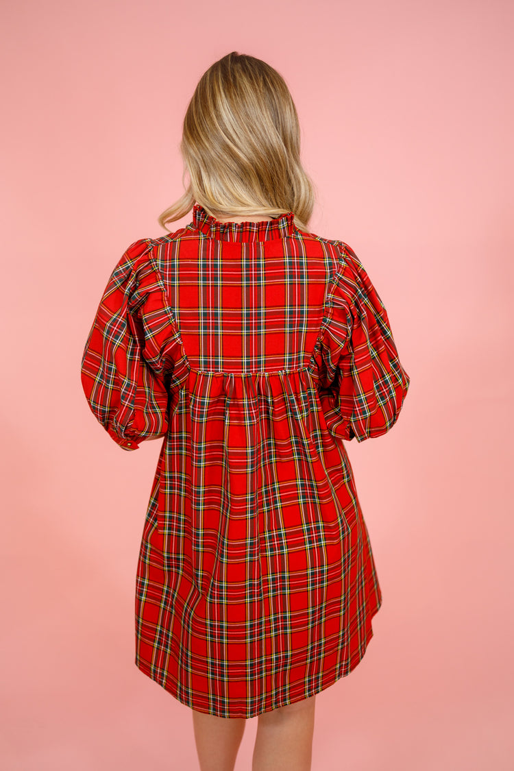 Red Plaid Puff Sleeve Dress, S-2XL