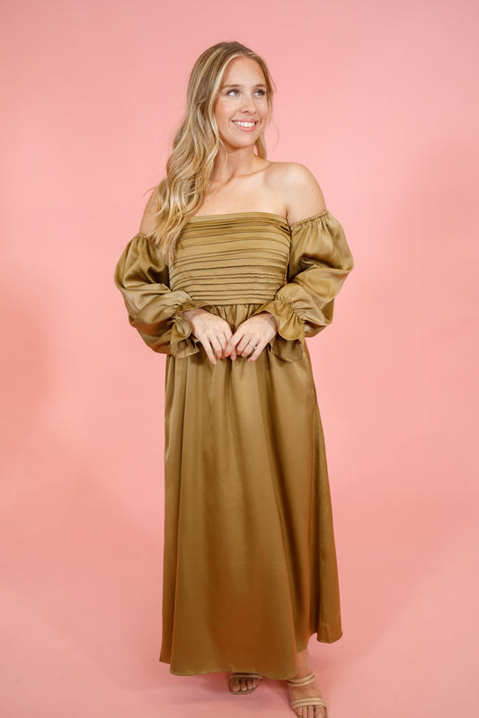 Taupe Pleated Satin Maxi