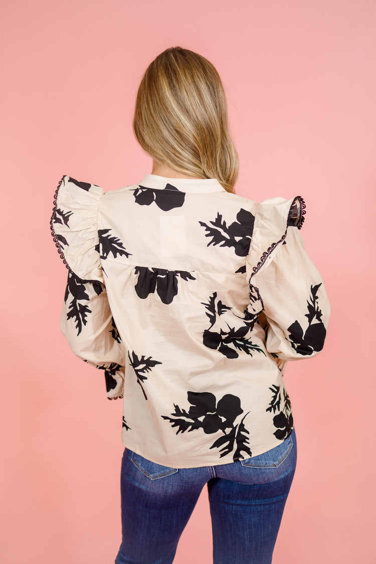 Cream Floral Ruffle Top, S-2XL