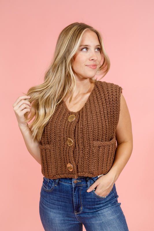 Crochet Button Sweater Vest, BROWN