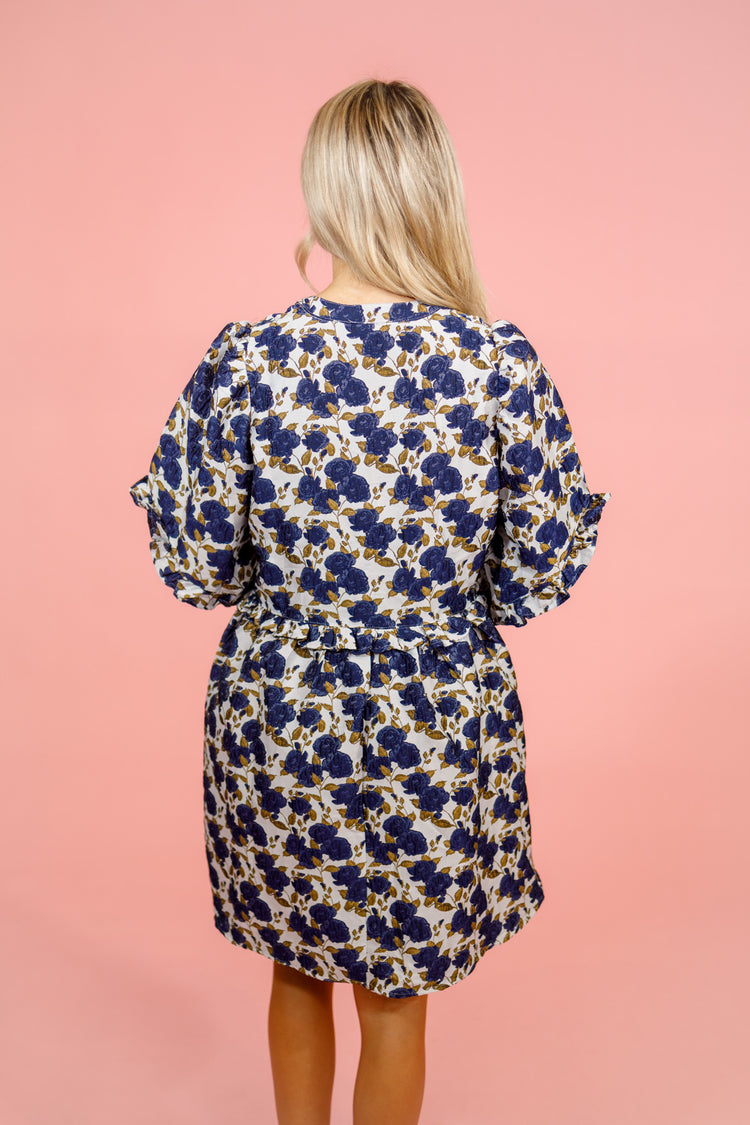 Navy Floral Split Neck Dress