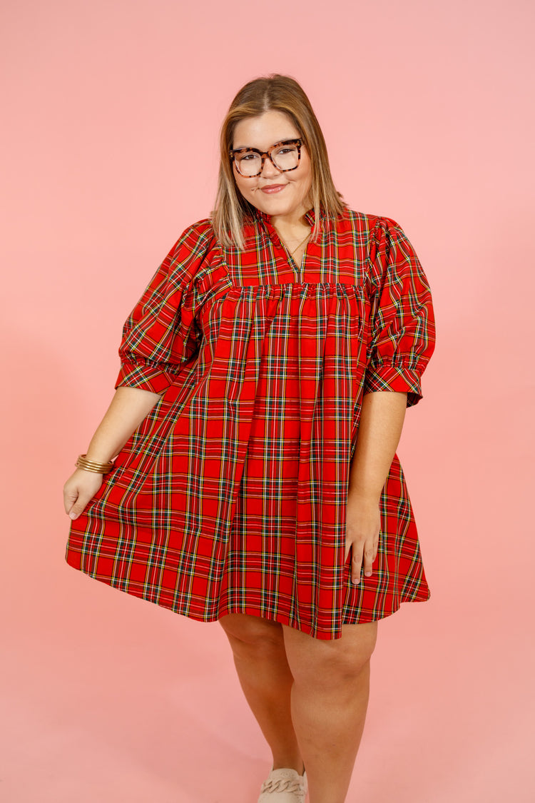 Red Plaid Puff Sleeve Dress, S-2XL