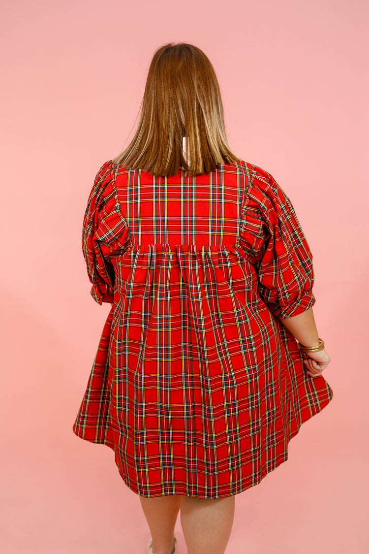 Red Plaid Puff Sleeve Dress, S-2XL