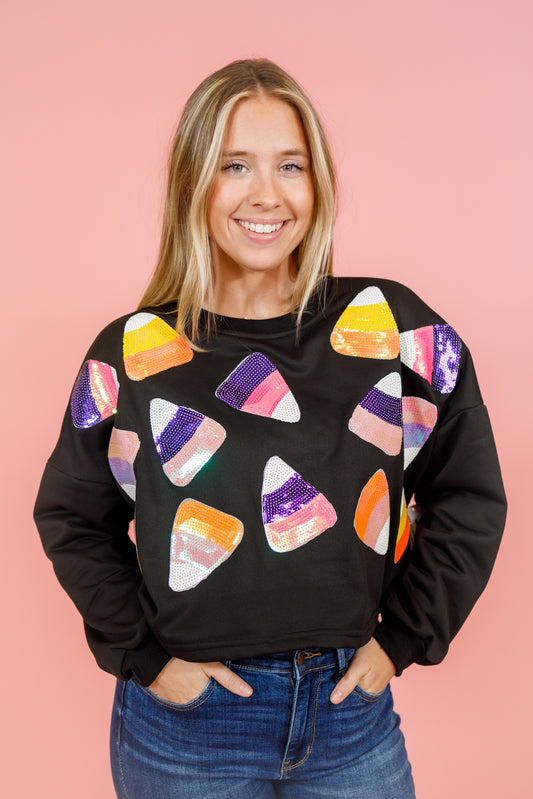 Black Candy Corn Sequin Top