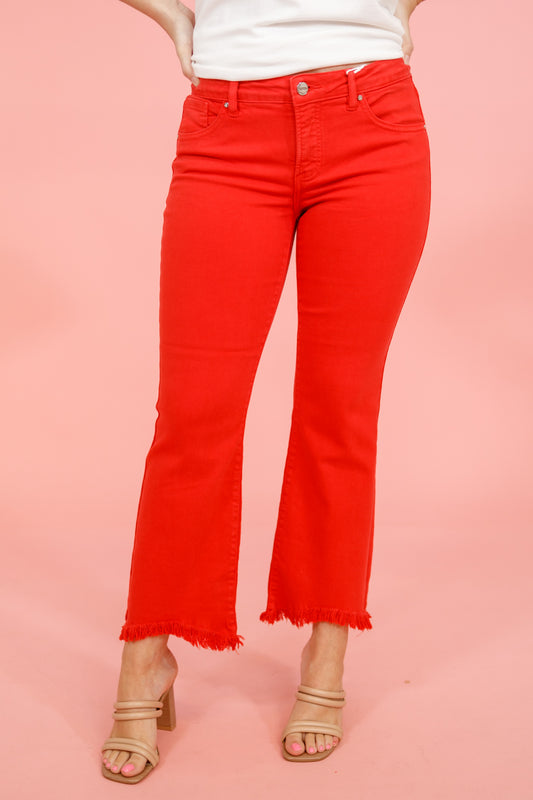 Risen Red Crop Flare Jeans