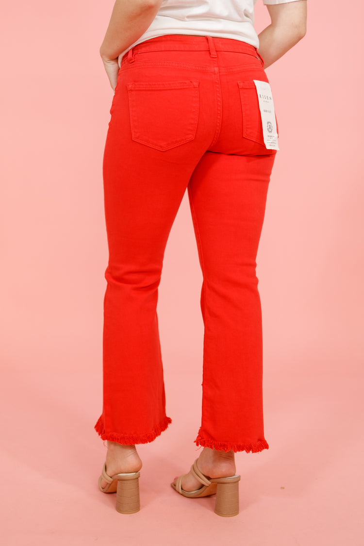 Risen Red Crop Flare Jeans