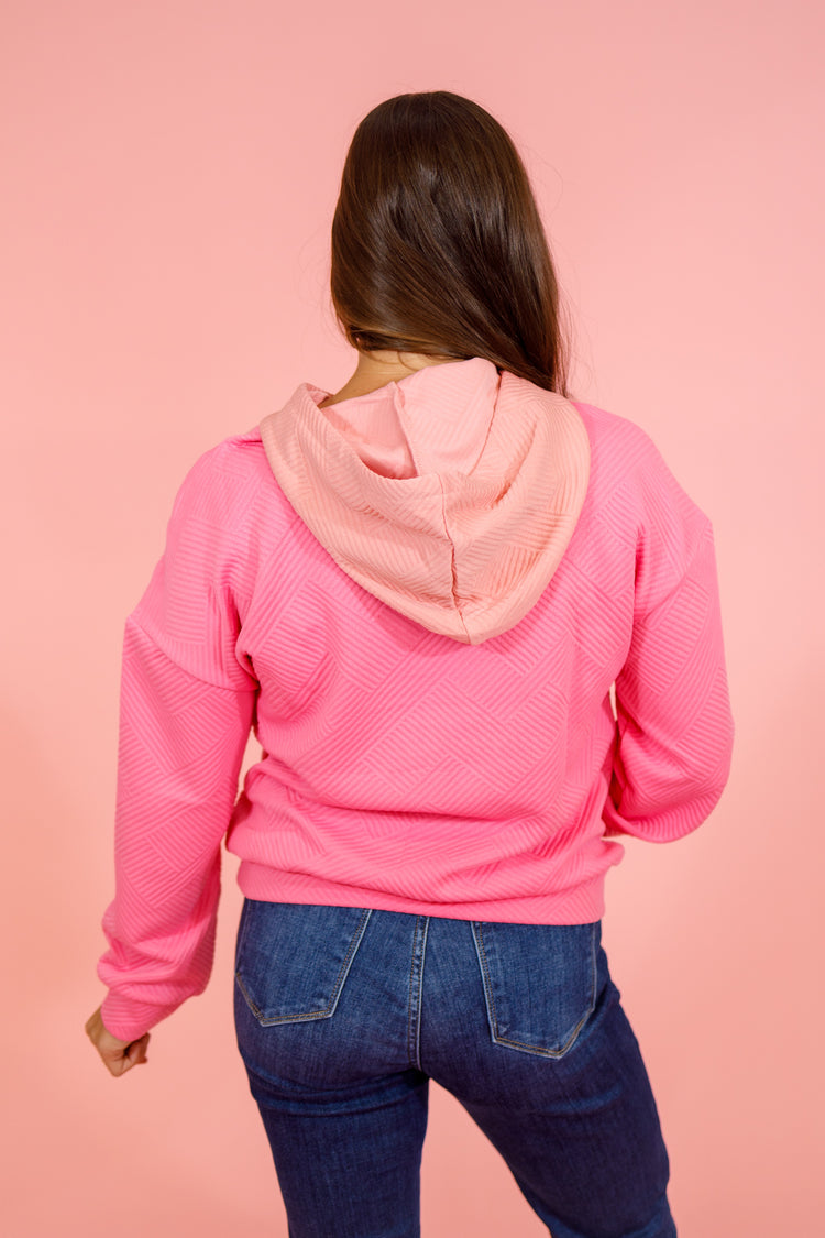 Pink Textured Color Block Hoodie