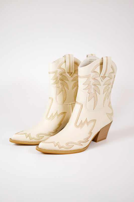 Beige Embroidered Short Boots