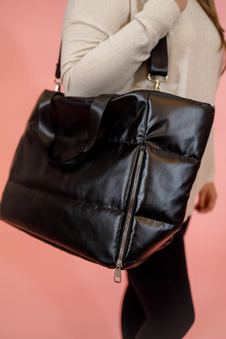 Black Quilted Puff Tote Bag