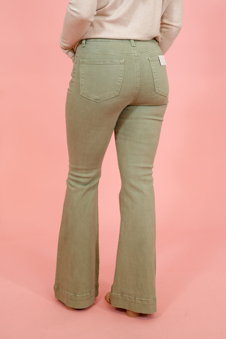 Risen Olive Front Pocket Flares, REG + CURVY