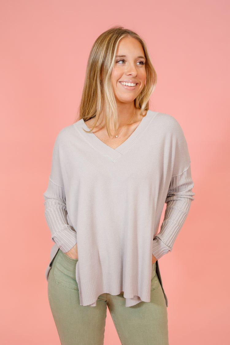 Ribbed Sleeve V-Neck Sweater, LT GREY