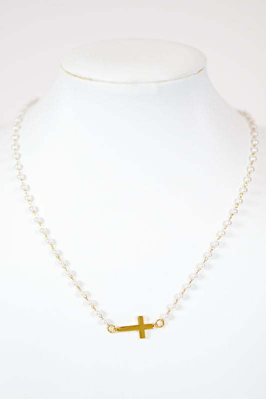 Pearl with Gold Cross Necklace