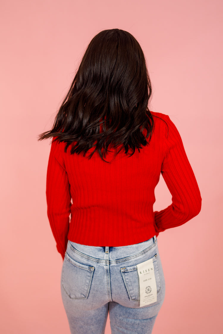 Pointed Hem Ribbed Top, RED