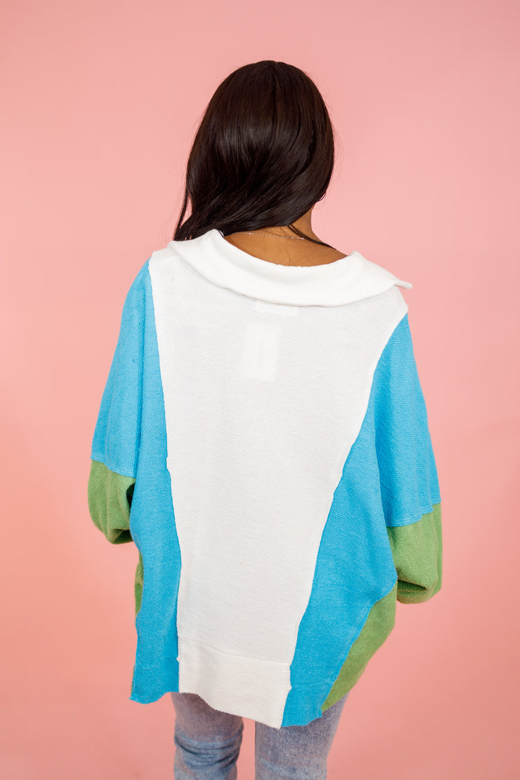 Blue Color Block Terry Top