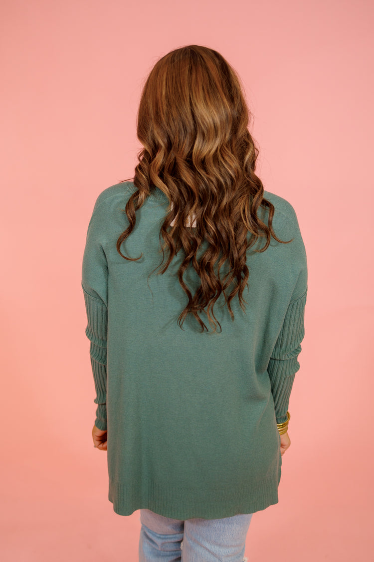 Ribbed Sleeve V-Neck Sweater, ASH JADE