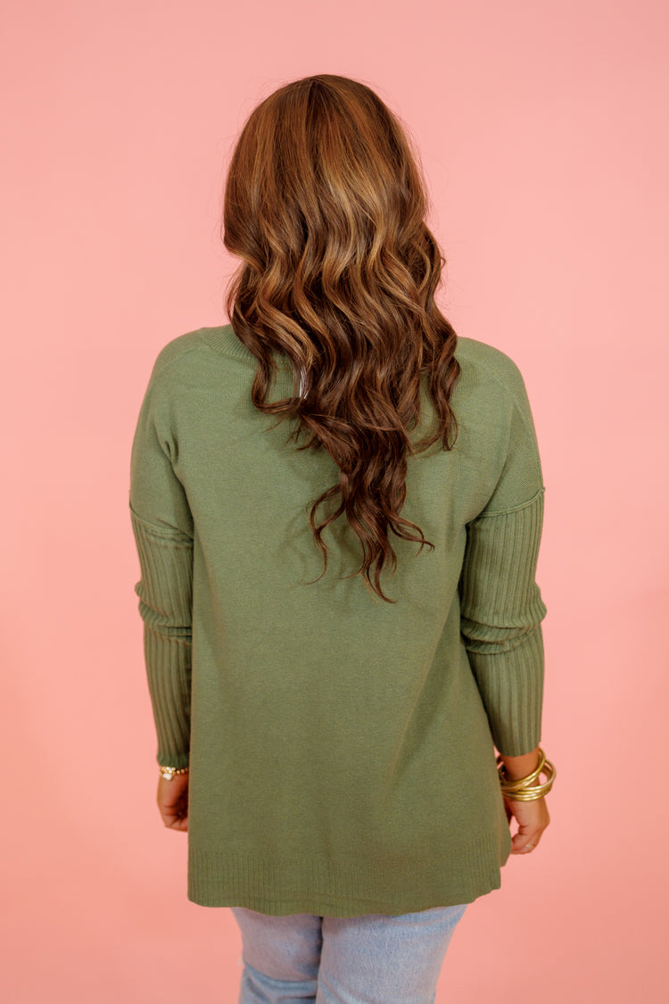 Ribbed Sleeve V-Neck Sweater, LT OLIVE