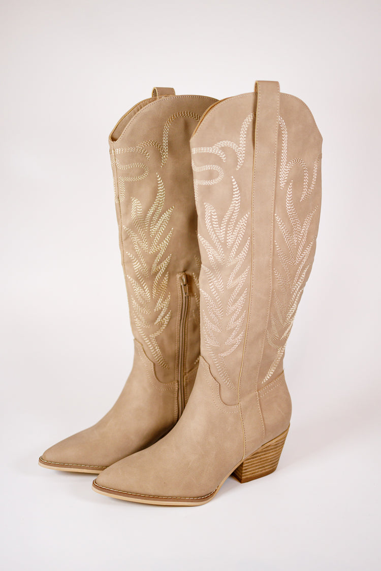 Western Embroidered Boots, TAUPE