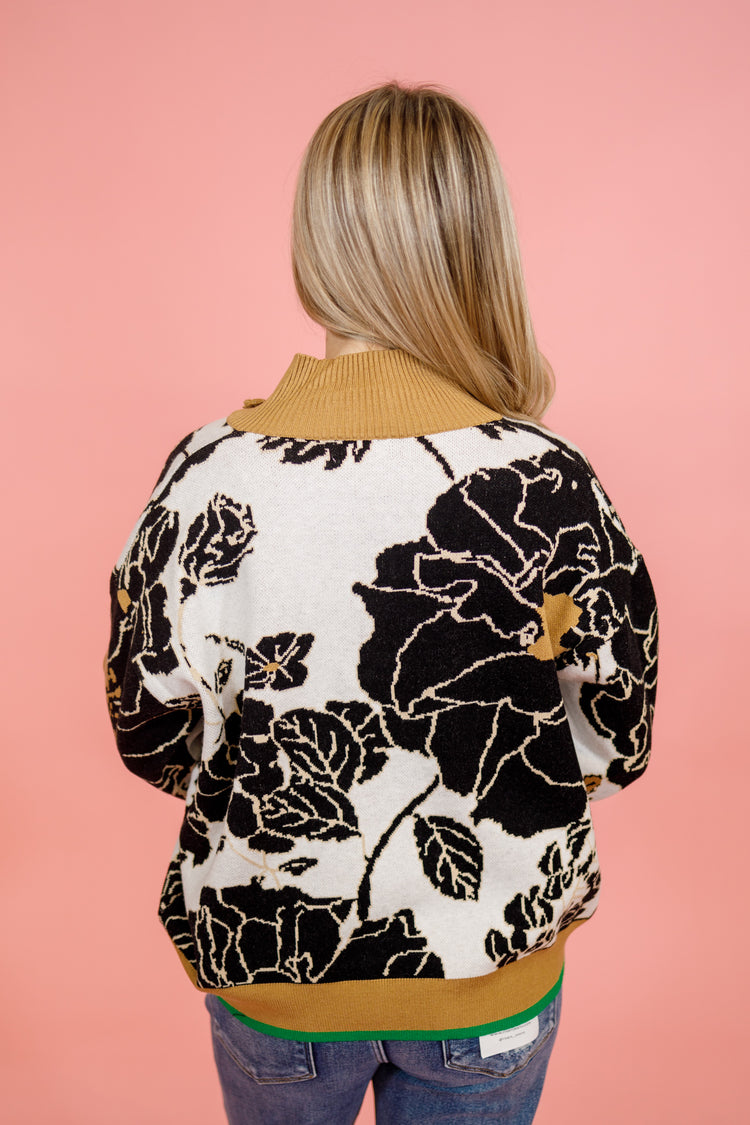 Black Floral Half Zip Pullover