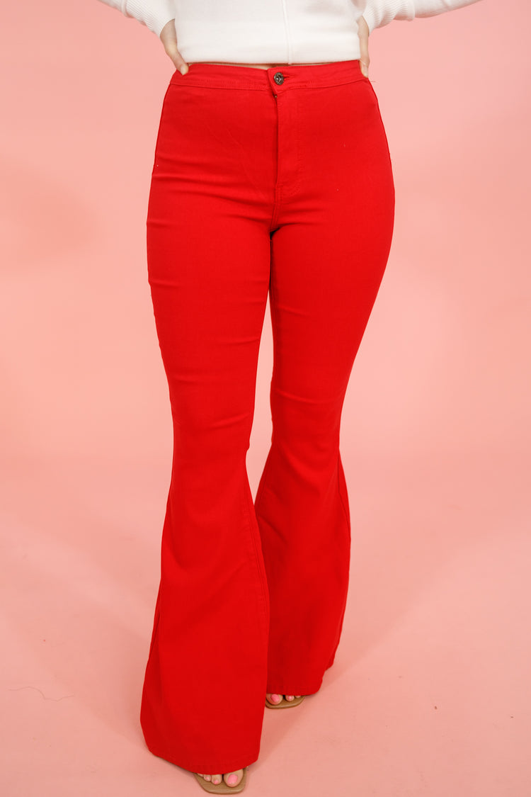 Red High Waist Super Stretch Flare Jeans