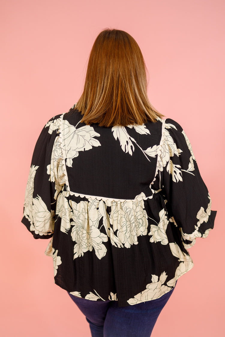 Black Floral 3/4 Sleeve Top