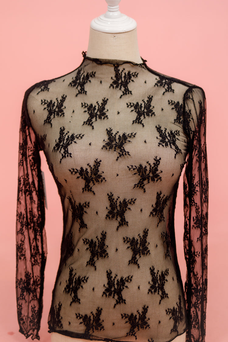 Black Sheer Lace Long Sleeve Top