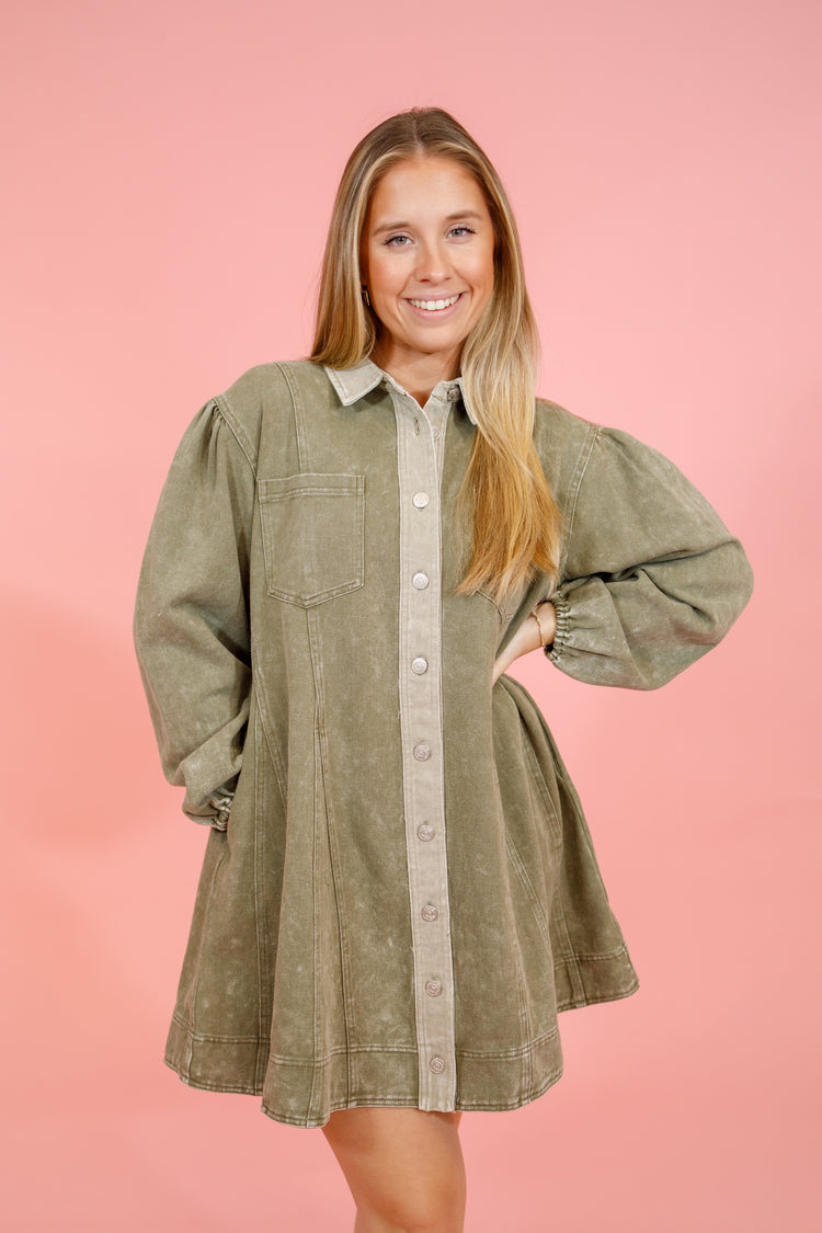 Olive Denim Button Down Dress