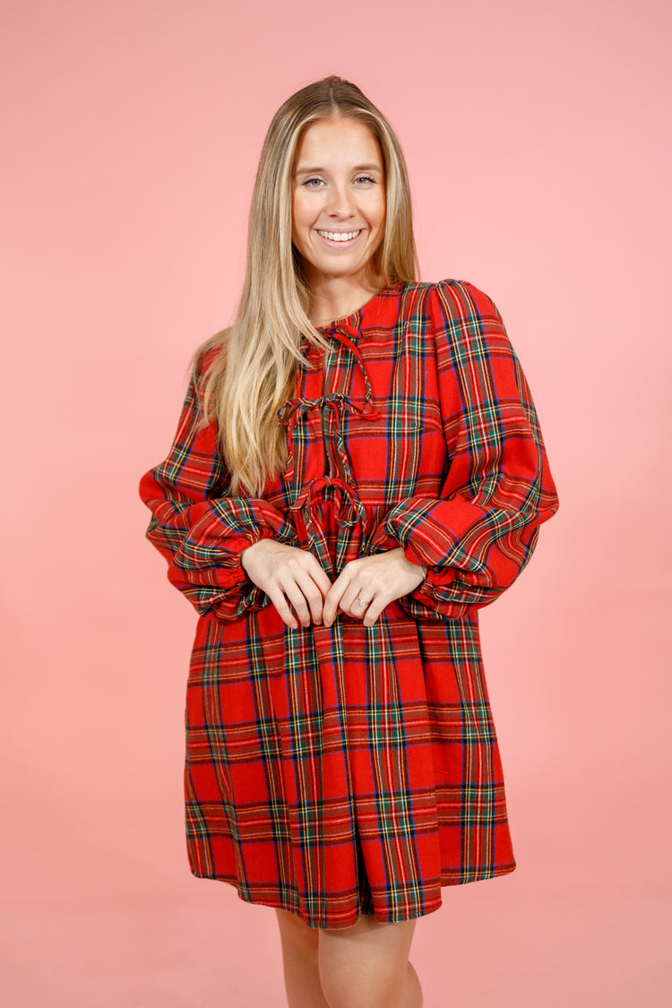 Red Plaid Front Tie Dress