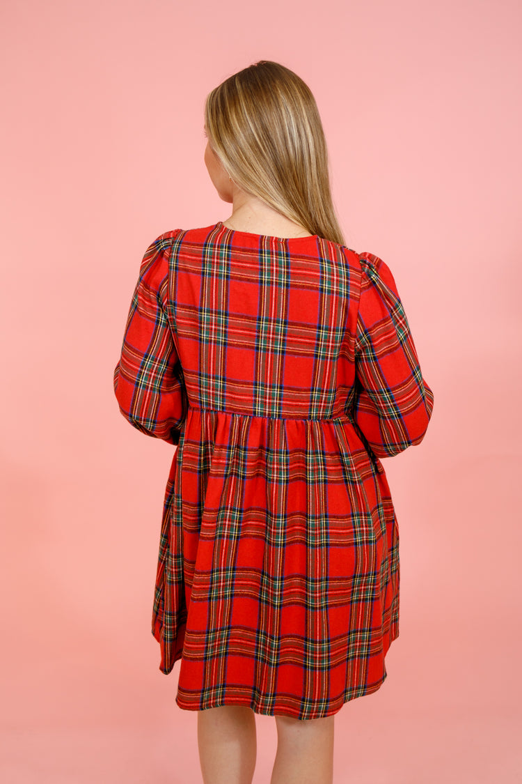 Red Plaid Front Tie Dress