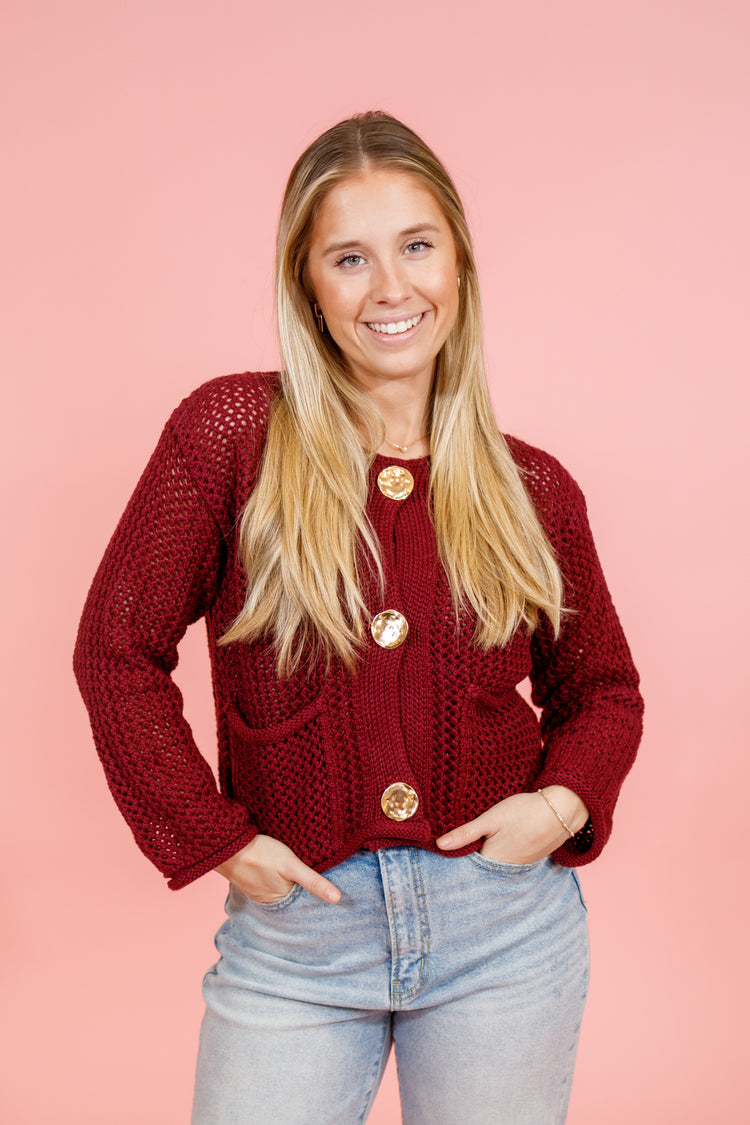 Wine Chunky Knit Cardigan