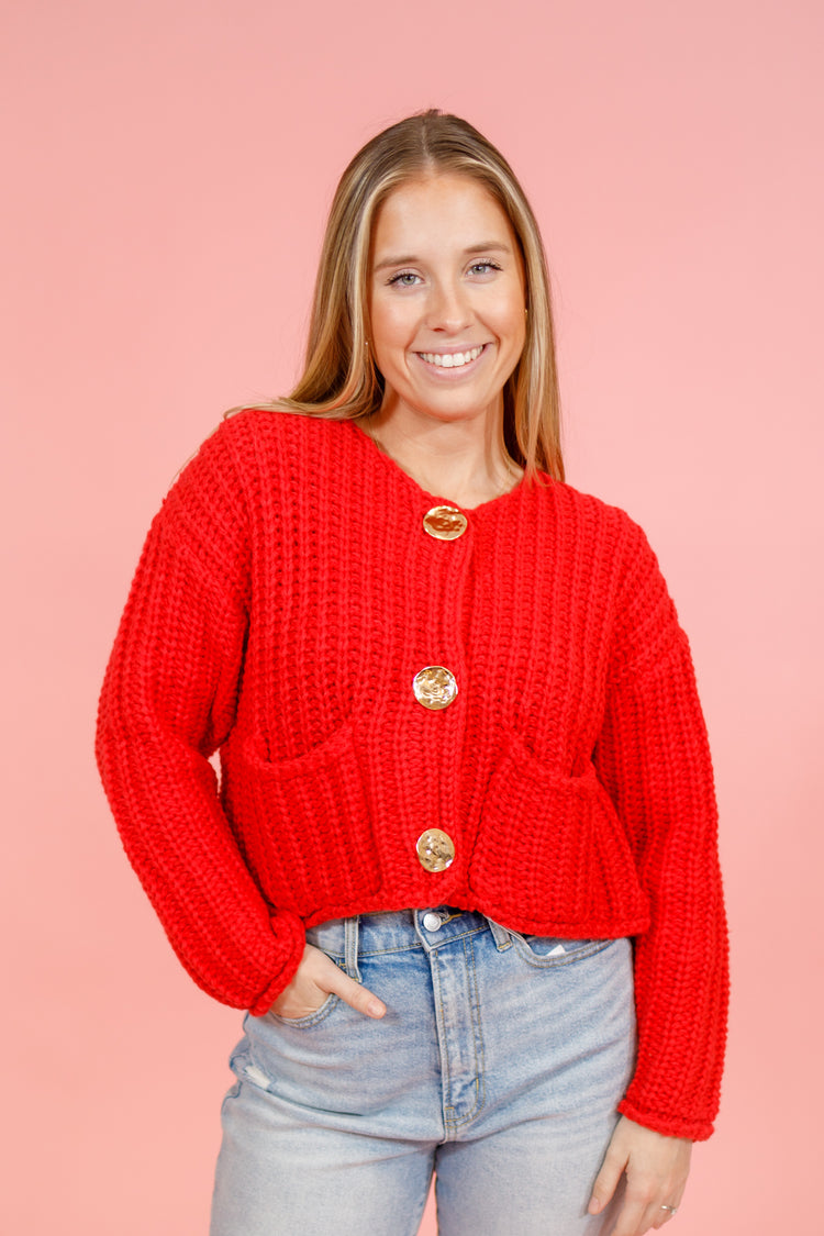 Red Chunky Knit Cardigan