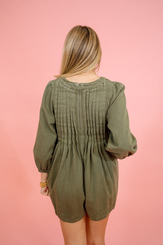 Olive Denim Pleated Romper