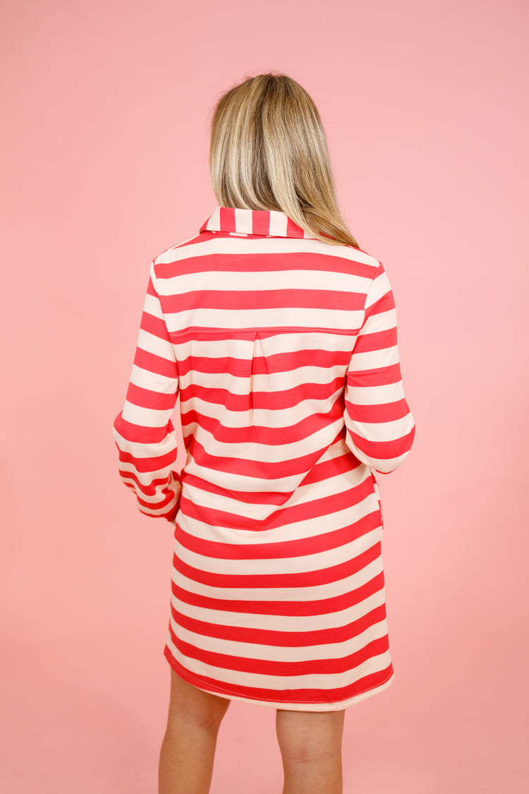 Pink Stripe Split Neck Dress