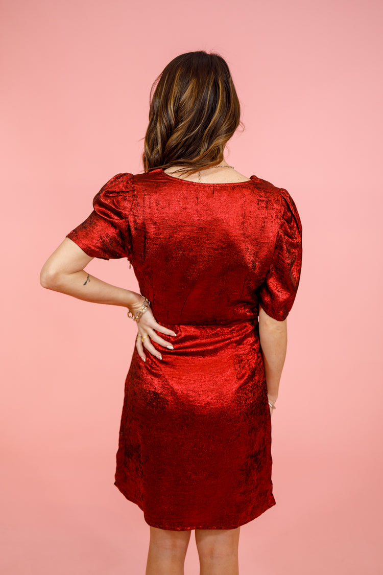 Metallic Shift Dress, RED