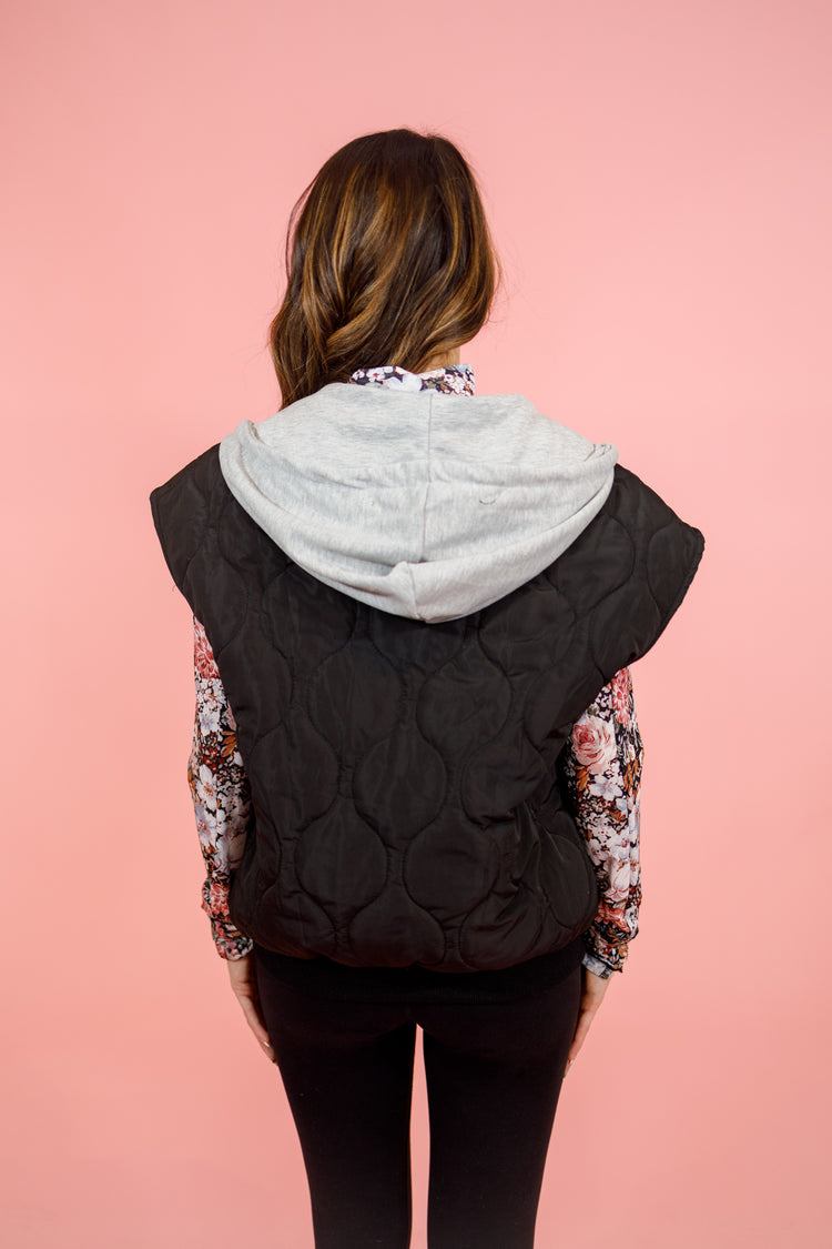 Black Quilted Hoodie Vest