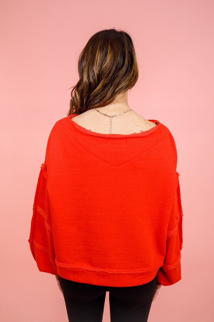 Terry Crop Pullover Top, RED