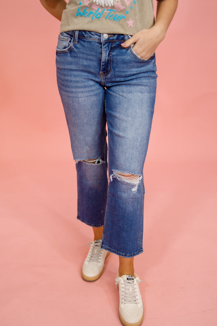 Vervet Dark Devon Distressed Knee Jeans, REG + CURVY