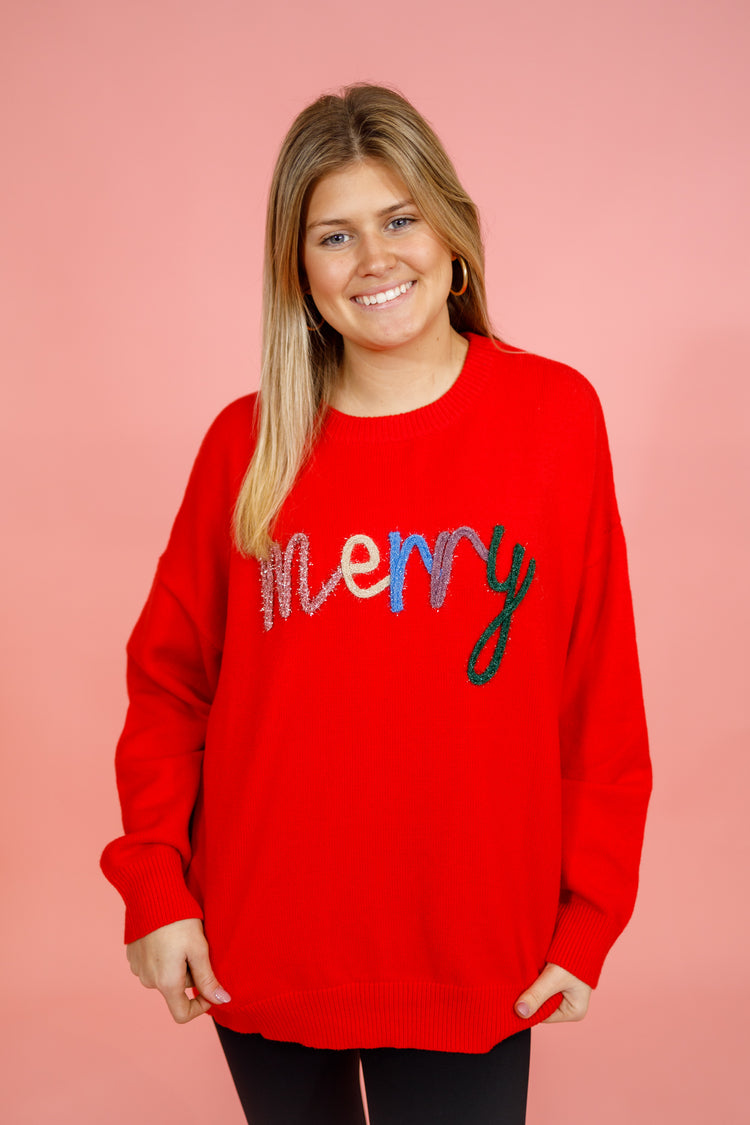 Red "Merry" Tinsel Sweater