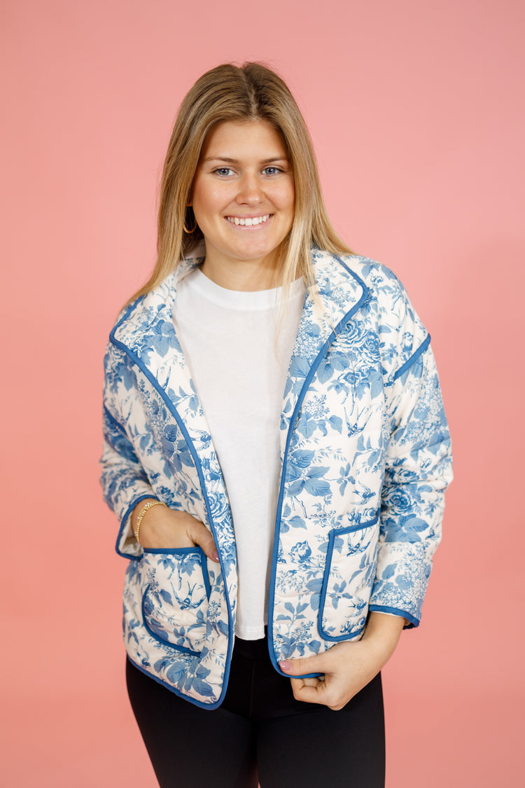 Blue Floral Mock Neck Quilted Jacket